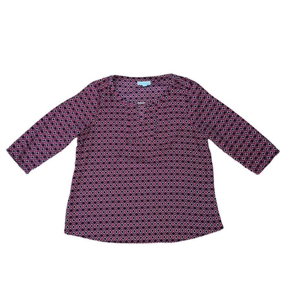 DANA BUCHMAN Black & Pink Geo Print 3/4 Sleeve Blouse Size L
